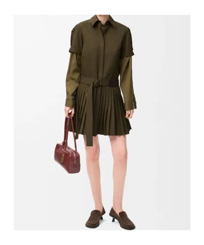 Loewe Womens Khaki Green Pleated Short-sleeve Cotton Blend Mini Dress
