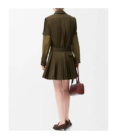 Loewe Womens Khaki Green Pleated Short-sleeve Cotton Blend Mini Dress