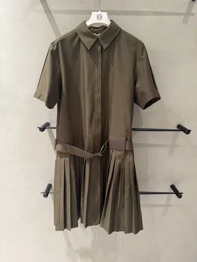 Loewe Womens Khaki Green Pleated Short-sleeve Cotton Blend Mini Dress