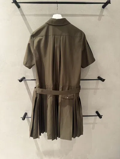 Loewe Womens Khaki Green Pleated Short-sleeve Cotton Blend Mini Dress
