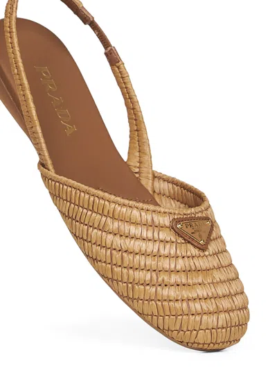 Prada Light Brown Woven Raffia Slingback Flat Shoes In Brown