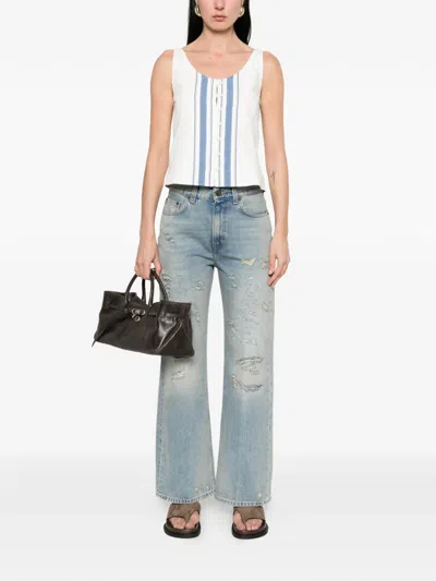 Low Classic Striped Button Top In White