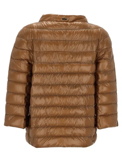 Herno Neutrals Shiny Quilted Three-quarter Down Jacket In Brown