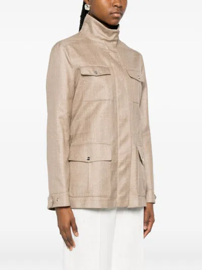 Herno High Collar Jacket Buttoned Cuffs Pockets In Neutral