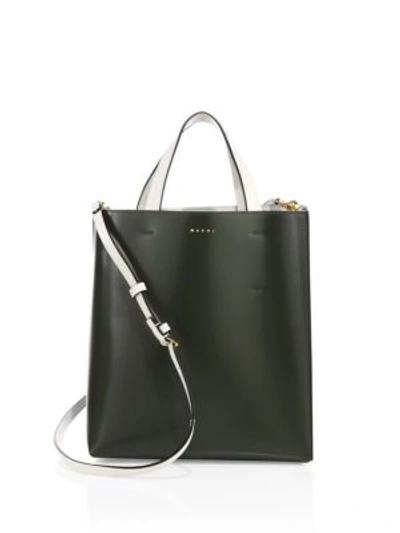 Marni Two-tone Leather Shopping Bag In Dark Olive