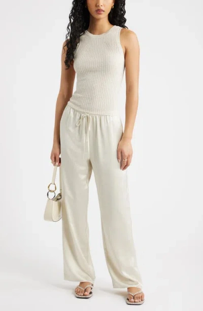 Open Edit Drawstring Waist Satin Pants In White