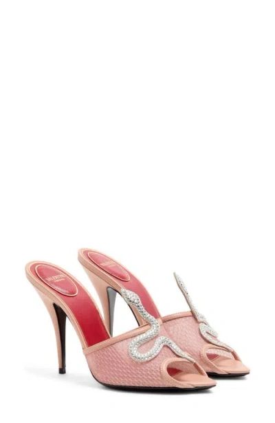 Valentino Garavani 105mm Embellished Snake Leather Mesh Mule Pumps In Pink
