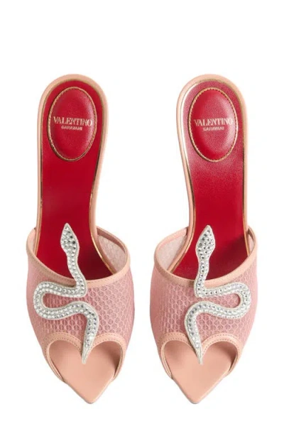 Valentino Garavani 105mm Embellished Snake Leather Mesh Mule Pumps In Pink