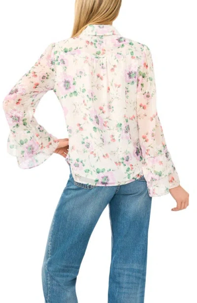 Cece Double Ruffle Cuff Button Down Shirt In White