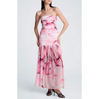 Kenneth Cole Printed Mesh Strapless Maxi Dress In Pink