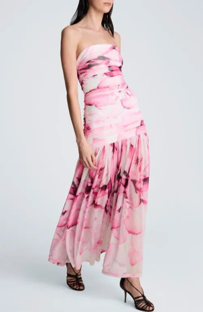 Kenneth Cole Printed Mesh Strapless Maxi Dress In Pink