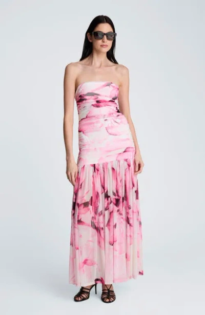 Kenneth Cole Printed Mesh Strapless Maxi Dress In Pink