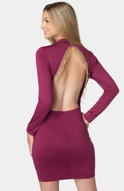 Bebe Crystal Fringe Open Back Mini Dress In Raspberry