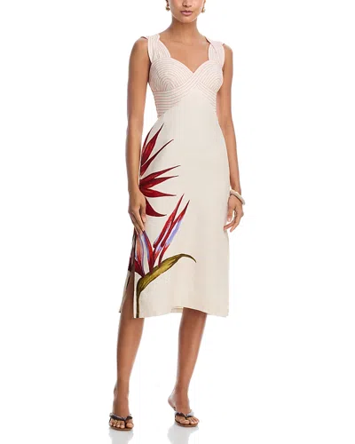 Farm Rio Sand-colored Linen Midi Dress With Strelitzia Pattern In White