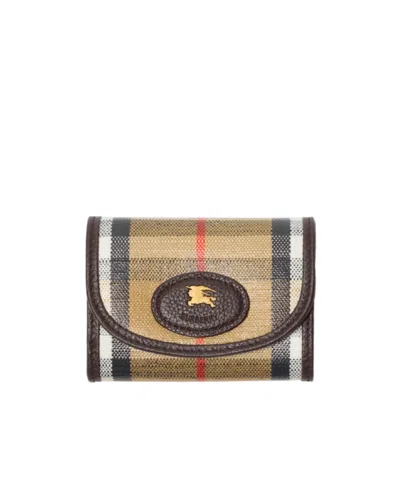 Burberry Compact Wallet With Leather Inserts In Check Pattern In Sand