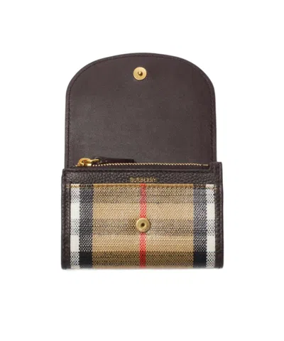 Burberry Compact Wallet With Leather Inserts In Check Pattern In Sand