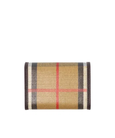Burberry Compact Wallet With Leather Inserts In Check Pattern In Sand