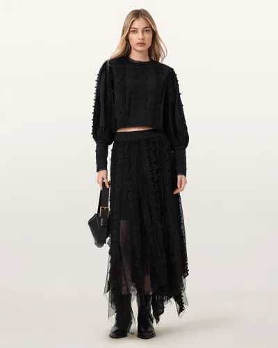 Allsaints Vashtie Mixed Lace Handkerchief Hem Skirt In Black