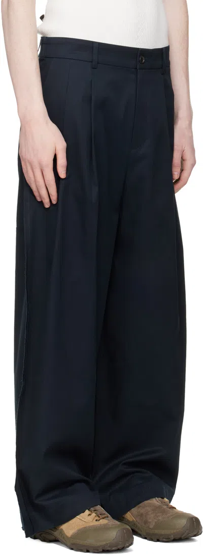 Re;code Navy Raw Edge Two Tuck Trousers In Blue