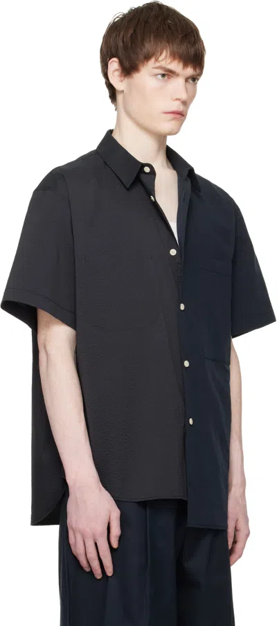 Re;code Navy Split Short Sleeve Seersucker Shirt In Blue