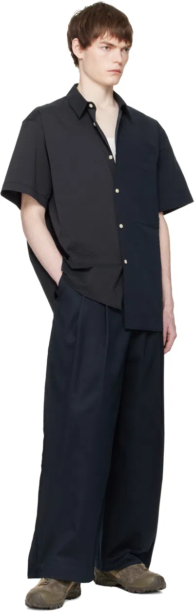 Re;code Navy Split Short Sleeve Seersucker Shirt In Blue