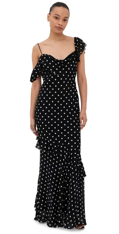 Self-portrait Long Dress Black Polka Dot With V-neck In Black Georgette For Women In Black