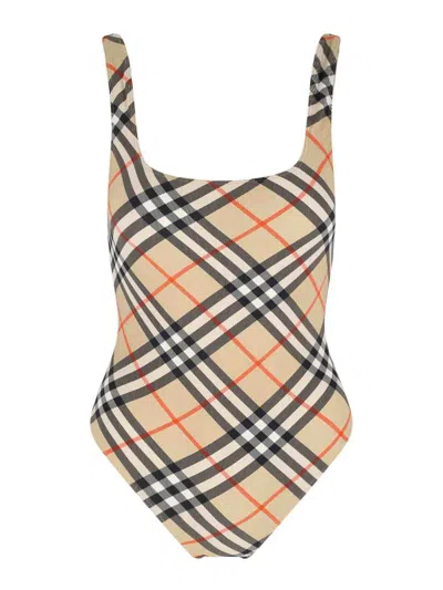 Burberry Scoop Neckline Sleeveless Checkered Beach Bodysuit In Brown
