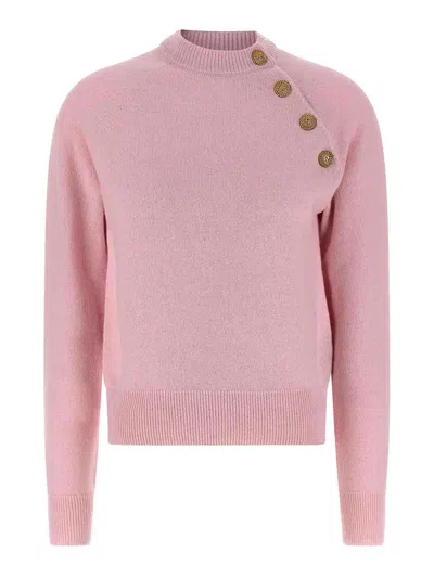 Balmain Buttoned Eco-cashmere Crewneck Sweater In Pink