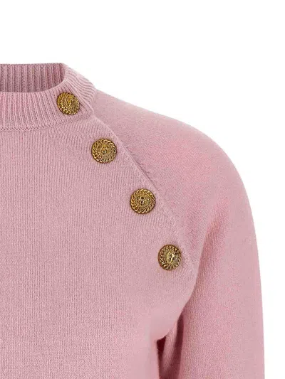 Balmain Buttoned Eco-cashmere Crewneck Sweater In Pink