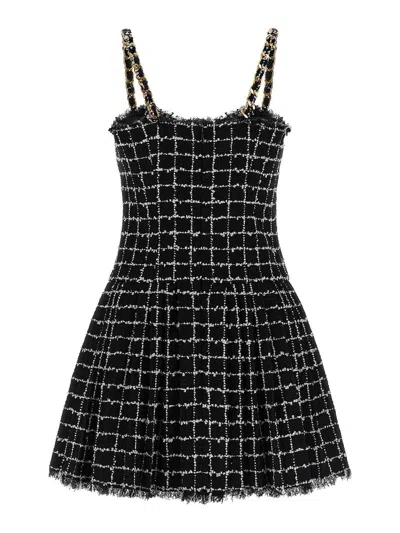 Balmain Buttoned Check Tweed Chain-strap Mini Dress In Black