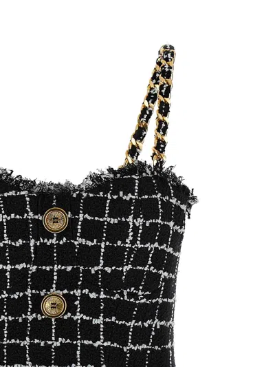 Balmain Buttoned Check Tweed Chain-strap Mini Dress In Black