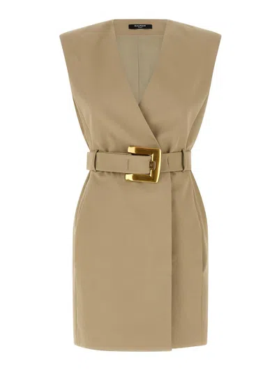 Balmain Wrap Cotton Gabardine Dress Belt Detail In Neutral