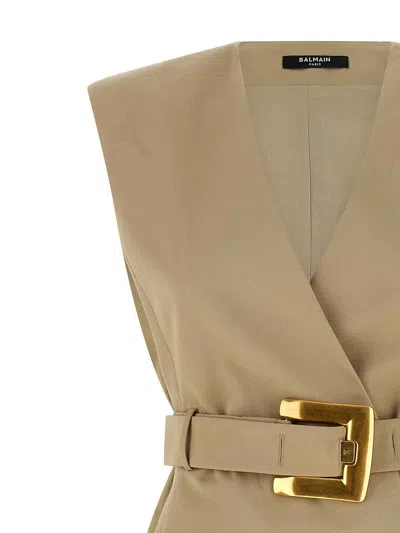 Balmain Wrap Cotton Gabardine Dress Belt Detail In Neutral