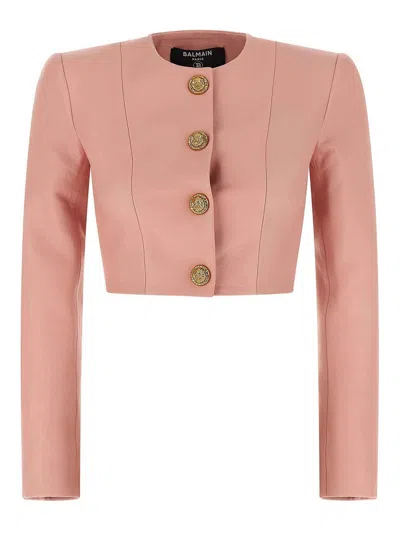 Balmain Women Long Sleeves Buttoned Lambskin Cropped Jacket In Pink