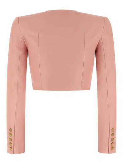 Balmain Women Long Sleeves Buttoned Lambskin Cropped Jacket In Pink