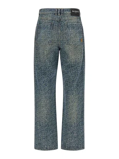 Balmain Monogram Denim Trousers All Over Pattern In Blue