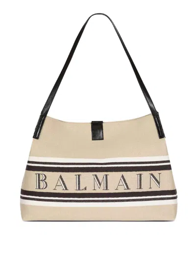 Balmain Medium Release Shopper Bag In Canvas And Calfskin In Sand
