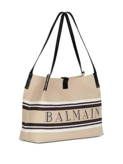 Balmain Medium Release Shopper Bag In Canvas And Calfskin In Sand