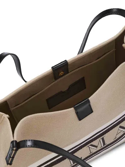 Balmain Medium Release Shopper Bag In Canvas And Calfskin In Sand