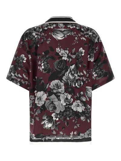 Dolce & Gabbana Bouquet Fiori Short Sleeve Notched Collar Shirt In Burgundy