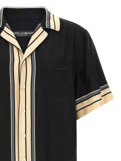 Dolce & Gabbana Men Hawaii Shirt With Logo And Striped Print In Black