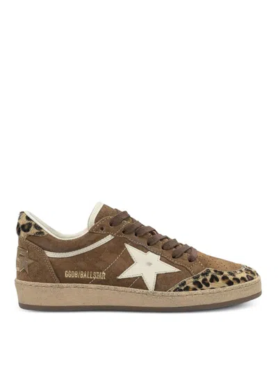 Golden Goose Sneaker Ballstar Low Top With Star Patch With Glitter And Animalier Print In Brown Suede For Women