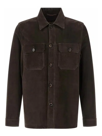 Moorer Brown Solid Shirt Collar Jacket In Brown