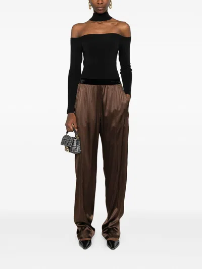 Tom Ford Brown Pants With Elastic Waist And Logo Lettering In Stretch Silk For Women In Brown