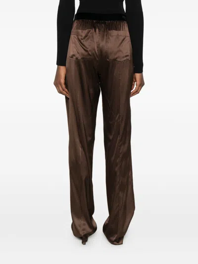 Tom Ford Brown Pants With Elastic Waist And Logo Lettering In Stretch Silk For Women In Brown