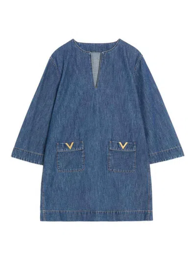 Valentino Vlogo Signature Mini Dress With V-neck And Pockets In Blue