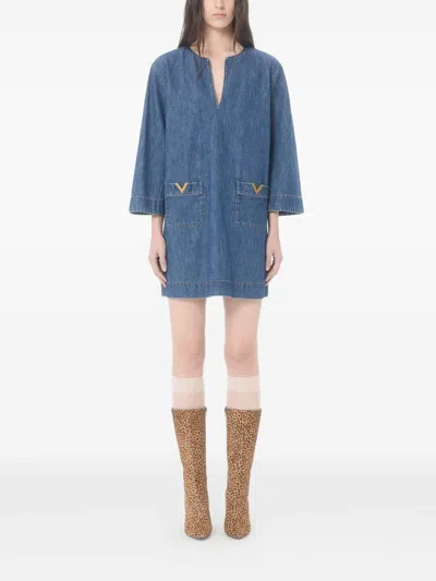 Valentino Vlogo Signature Mini Dress With V-neck And Pockets In Blue