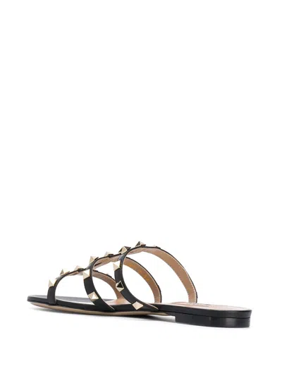 Valentino Rockstud Slide Sandal In Laminated Nappa With Cabochon In Black