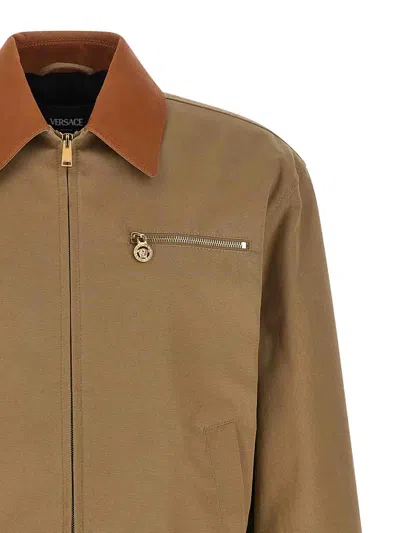 Versace Beige Jacket With Leather Collar And Metallic Medusa Head Detail In Cotton Canvas Man In Brown