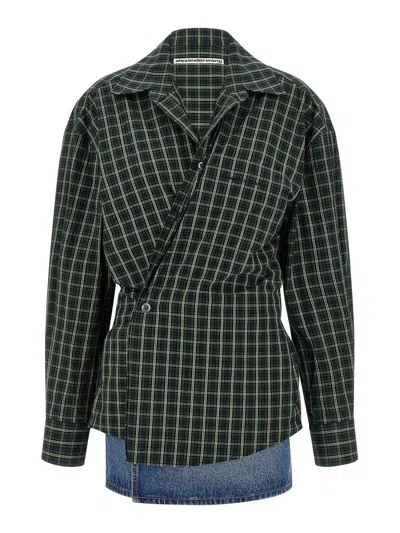 Alexander Wang Long Sleeve Check & Denim Wrap Dress In Green